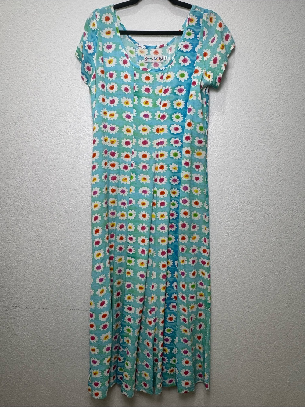 Jams World Maxi Dress Womens S Aqua Daisy Floral Pleated Tie Back Hawaiian